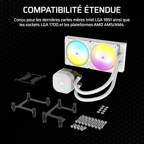 CORSAIR Nautilus 240 RS ARGB Refroidisseur Liquide pour CPU – 240mm AIO – Faible Bruit – Connexion Directe de Carte Mère – Intel LGA 1851/1700, AMD AM5/AM4 – 2X RS120 ARGB Ventilateurs Inclus – Blanc