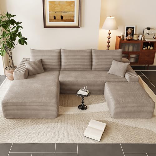 Image of 95 inch Cloud Sectional Couch with Ottoman,Modern U-Shaped Cloud Couch with Deep Seat,Comfy Corduroy Sofa,Memory Foam Sofa for Living Room,No Assembly (Camel,Left-Facing Chaise)