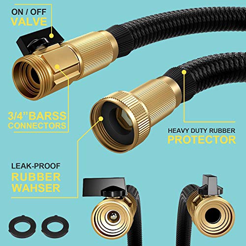 Hermard Expandable Garden Hose 50ft, Super Durable Fabric Water Hose - 3/4 Nozzle Solid Brass Connector, Non Kink Leakproof Garden Hose/Flexible Expanding Hoses for Watering and Washing (Black)