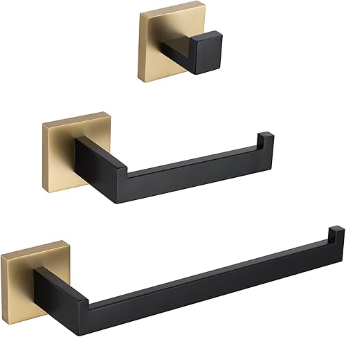TURS Juego de accesorios de baño de 3 piezas, soporte para toallas de mano negro y dorado, soporte para papel higiénico, gancho para toallas, juego
