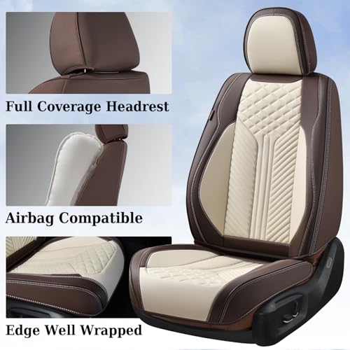 Image of Coverado Front Seat Covers, 2 Pack Waterproof Seat Covers for Cars, Luxury Leather Seat Cushions, Front and Rear Seat Protectors, Auto Seat Covers Fit for Most Vehicles(Bronw&Beige)