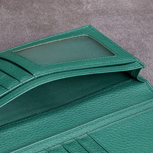 Image of HISCOW Bifold Long Wallet with 15 Credit Card Slots - Italian Calfskin, Pebbled Green, 6.97 inchH x 3.5 inchW x 0.98 inchD, Italian Style