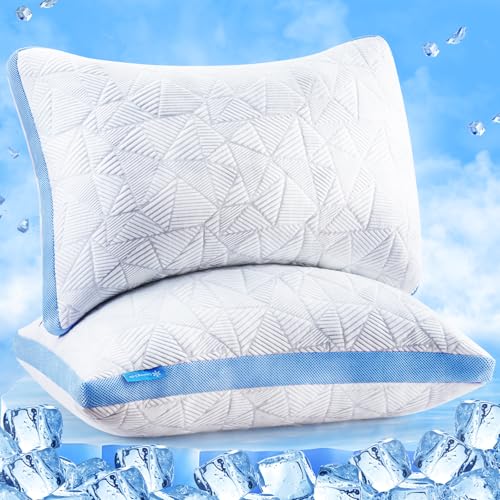 Image of BETU Cooling King Size Pillows Set of 2, Shredded Memory Foam Cool Pillows for Hot Sleepers, Adjustable Firm Soft Support Bed Pillows Perfect for Back Neck Pain and Side Sleeping with Cover, Blue
