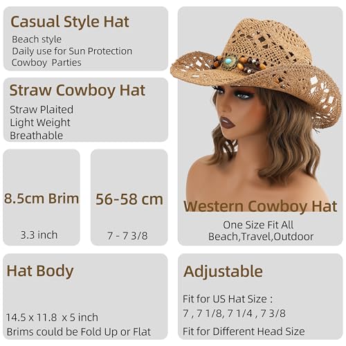 Image of Straw Cowboy Hat, Western Cowgirl Hat, Wide Brim Sun Beach Hat for Men and Women