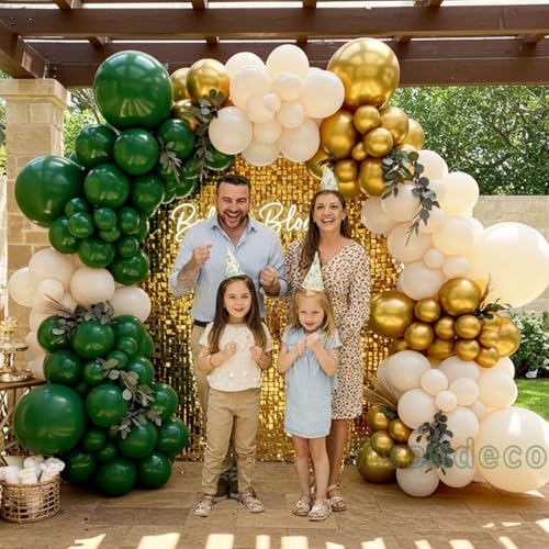 Green and Gold Balloon Arch Kit – Double Stuffed Dark Green, Emerald, Cream and Metallic Gold Balloons for Birthday, Graduation, Jungle, Safari, Wedding, Baby Shower, Fall Party Decor