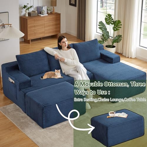 Image of 96.1 inch Modular Sectional Sofa with Ottoman, Modern Corduroy Cloud Couch, Boneless Couch Upholstered 3-Seater U-Shaped Sofa for Living Room, No Assembly (Blue, Right-Facing Chaise)