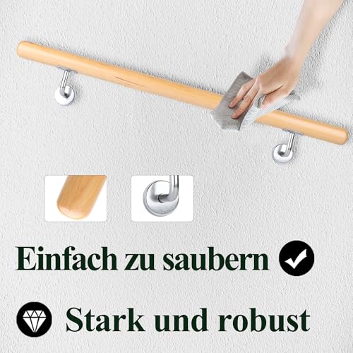BelovedYard Buche Holz Handlauf Ø 42 mm Treppenhandlauf, 50cm 80cm 100 cm wählbar, rutschfest, wasserbasiert, inkl. Wandhalter & Montage‑Set Länge:80cm