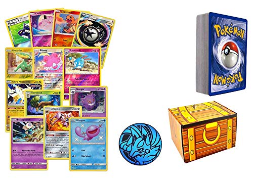 100 Assorted Pokemon Cards: 10 Foils, 5 Rare Cards, 1 Assorted Pokemon Coin, 85 Common/Uncommon Cards - All Cards are Authentic - Includes Golden Groundhog Storage Treasure Chest! 100 Assorted Pokemon Cards: 10 Foils, 5 Rare Cards, 1 Assorted Pokemon Coin, 85 Common/Uncommon Cards - All Cards are Authentic - Includes Golden Groundhog Storage Treasure Chest!