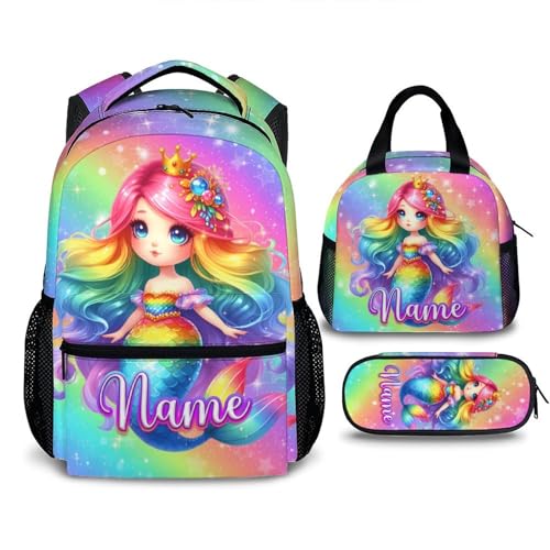 Backpacks for Girls, Custom Mermaid School Backpacks Set for Preschool Elementary, Personalized Name Kids Bookbag with Lunchbox Matching Combo, Schoolbag Gifts Ideas for Toddler 4-6