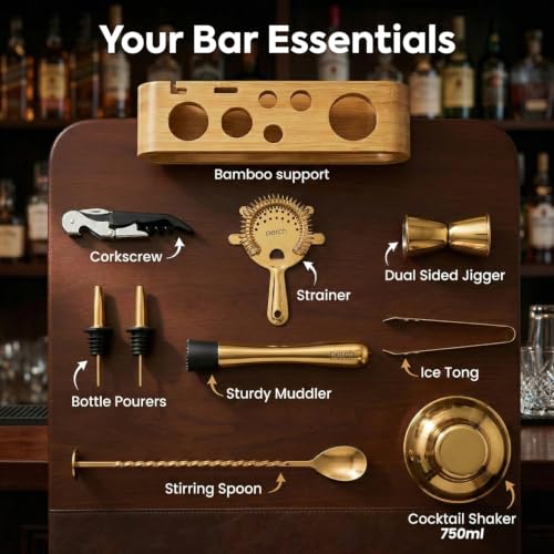 Image of O' Holic by Perch 10-Piece Bartender Kit with Mango Wooden Stand|Cocktail Shaker Gift Set with Jigger,Strainer,Spoon,Muddler, Pourers, Tongs & Corkscrew|Home Bar Accessories for Mixing Drinks (Golden)