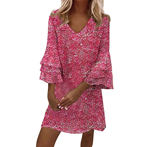 Angebote Sale Sommerkleider Damen Leicht Tunika Mit Rüschen Und Trompetenärmeln, V Ausschnitt, Blumen, Lässig, Locker, Modedruck, Ethnischer Stil...