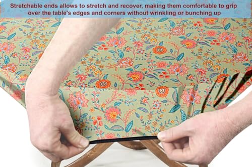 Image of The Furnishing Tree Elastic Cotton Round Dining Table Cover 36x36 in Inches Floral Multicolor on Green Base