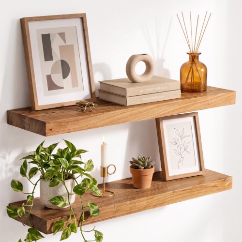 Image of Elm Floating Shelves for Wall - 20 in Rustic Solid Wood Shelves with Heavy-Duty Invisible Bracket, Wall-Mounted Wooden Shelf for Living Room, Bathroom, Kitchen Storage & Display, Set of 2, Natural