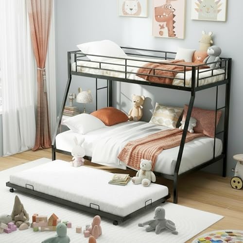 KOMFOTT Twin Over Full Bunk Bed with Trundle, Heavy-Duty Metal Bunk Bed Frame with Guardrail & 2 Ladders, Space-Saving Bunk Bed for Kids/Teens/Adults, No Box Spring Needed