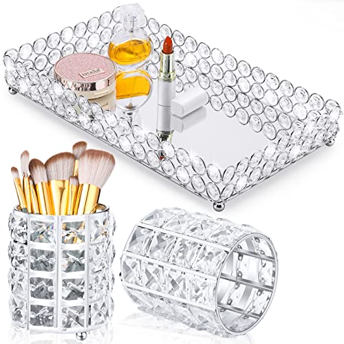 3 Pieces Perfume Tray Crystal Vanity Tray Mirrored Crystal Cosmetic Makeup Tray Set Makeup Brush Holder Bathroom Decorative Organizer Brush Cup Holder Vanity Accessories for Dresser, Silver (Square)