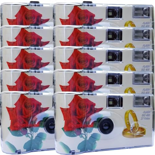 10x Photo PORST Cámaras Desechables (10 Unidades, con película de Color de 35 mm, iluminación automática, Incluye Pilas), Color Rojo y Rosa