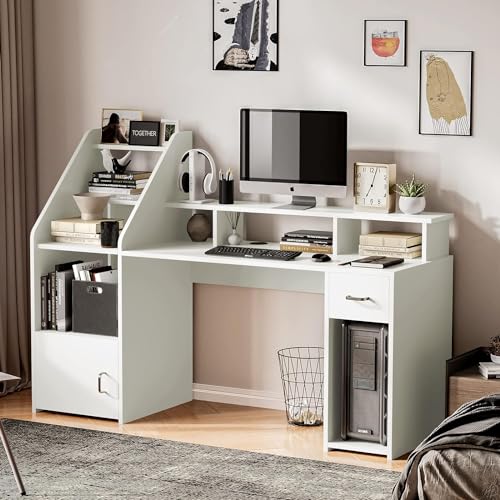 Image of Lakdi The Furniture Home & Office Workstation - Modern Computer Desk with Integrated 4-Tier Bookshelf, Monitor Stand Hutch, CPU Storage, and Utility Drawer - Sleek White Finish - 121534336