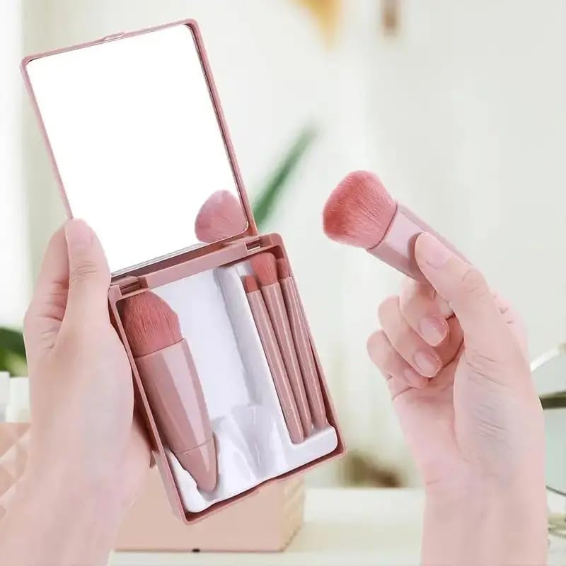 5Pcs Travel Size Makeup Brush Set with Mirror, Mini Portable Cosmetic Brush Kit for Foundation, Powder, Eyeshadow - Complete Function, Ideal for On-The-Go Makeup