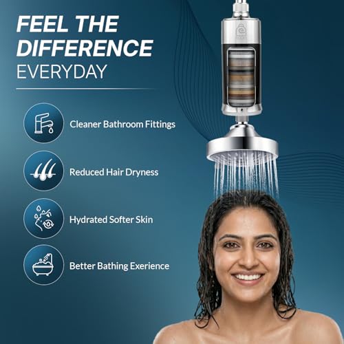 Image of DOCAT 15 Stage Shower & Tap Filter for Hard Water | Water Softener for Bathroom | Reduces Hair Fall, Skin Dryness & Limescale | Chlorine Removal | Fits for Tap, Shower, Hand Shower | Black