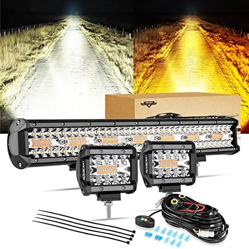 Auxbeam 2PCS 4" 120W LED Pods + 20" 420W LED Light Bar, 6 Modes Amber White Strobe Offroad Fog Lights Dual Color Warning Spot Flood Driving Lights for Trucks Car ATV Jeep Pickup