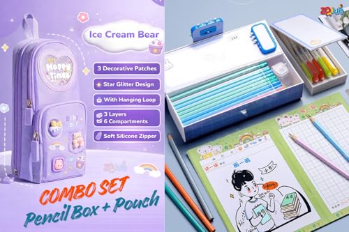 Image of Zqiue Luky Purple Password Lock Pencil Box & Happy Time Pencil Pouch Combo Set (Pack of 2) | Double Combination Lock Pencil Case | Cute Kawaii Large Capacity Stationery Organizer for Kids & Girls