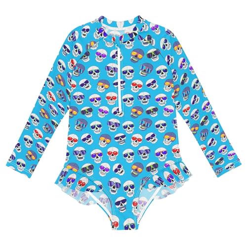 Skull Girls Long Sleeve Rashguard Swimsuit UV Protection One-Piece Swimwear Bathing Suit B0404402
