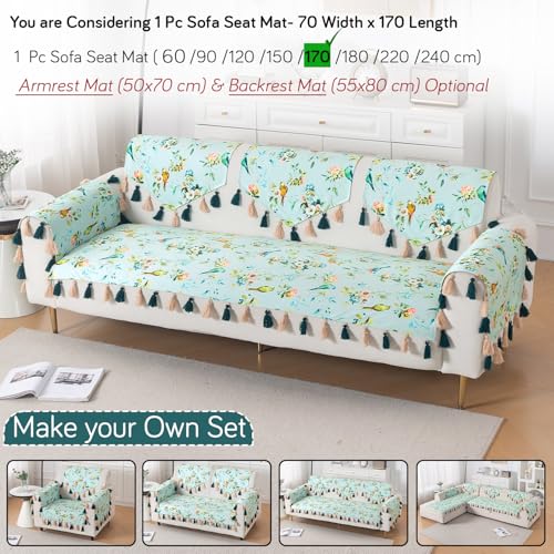 Image of HOKIPO Printed Holland Velvet Sofa Cover with Tassel for 1 /2 /3 Seater & L Shape Sofa | Make Your Own Set, 'Whispers of Nature' Sofa Mat, 70(W) x 170(L) cm, Mint Birdsong Blossom (IN-1121-D3)