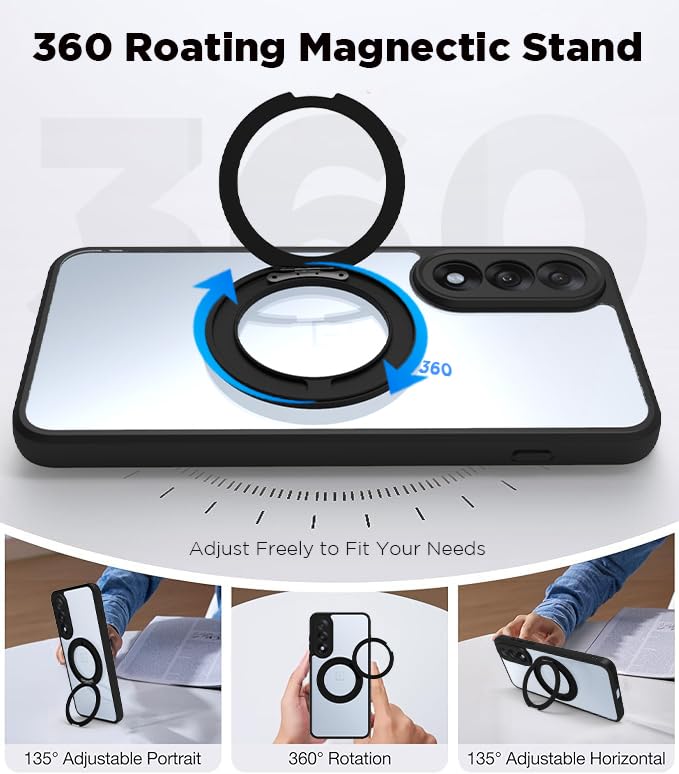 Image of RIGGEAR Shockproof Sleek Hybrid Armor 360 Rotating Magnetic Ring Stand Back Cover Case Compatible with MagSafe Accessories for OnePlus Nord 5 5G (Clear PC + Black TPU Bumper)