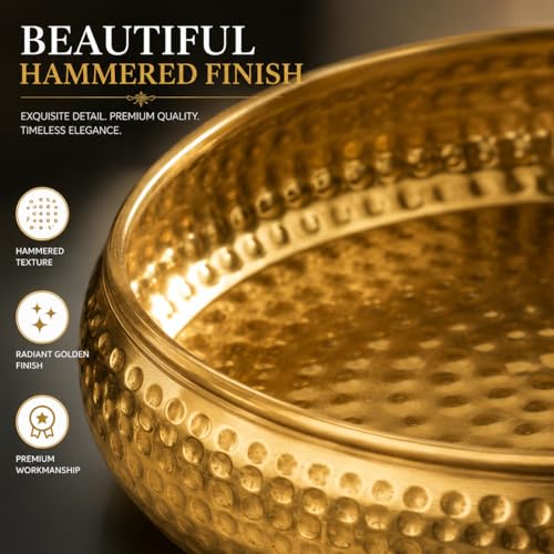 Image of Hammered Iron Metal Decorative Bowl with Golden Finish for Home Decor, Centre Table, Festive Decoration & Diwali Gift - 8 Inch