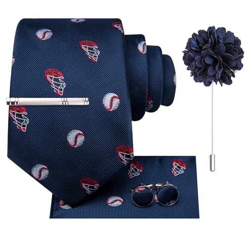 Image of Hi-Tie Blue And Red Baseball Necities for Men Set Woven Classic Tie and Pocket Square Lapel Pin Silver Tie Clip Cufflinks Set Wedding Business 6PCS