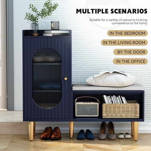 Image of HLR Storage Bench with Glass Door&Shelf, Modern Entryway Shoe Cabinet Bench with Padded Seat, Blue L-Shaped Storage Cabinet for Hallway, Bedroom, Living Room, Office