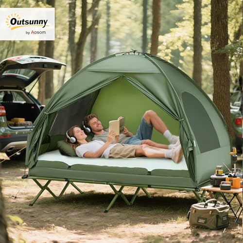 Outsunny 2-Person Tent Cot, 4-in-1 Folding Tent Combo with Air Mattress, Foot Pump, Carry Bag, Off Ground Travel Cot for Camping, Hiking, Backpacking