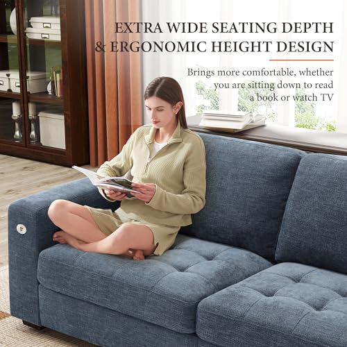 Image of Ihanherry Modern Sofa Living Room Couch with USB /Type-C Charging Port, Comfy 3-Seats Chenille Recliner Sofa for Small Space, Removable Medium Firm Cushion, (89inch, Blue)