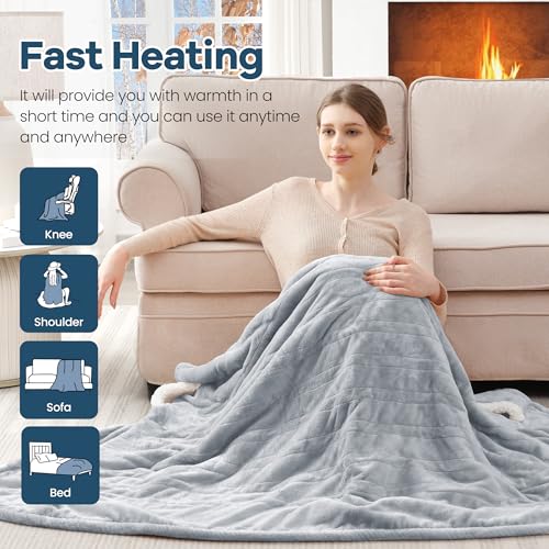 Heated Blanket Wearable Electric Blanket with Hood and Pockets, Heating Throw Blanket, Electric Heated Wrap Shawl with 6 Heating Levels Setting & 4 Hours Auto Shut Off, Machine Washable(Shrot, Grey)