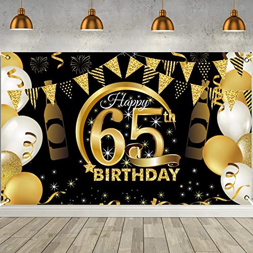 PLATEYTR Bannière Anniversaire 65 Ans Joyeux Anniversaire Or Noir Rouge Marron 185 x 110 cm Polyester Durable Lavable Facile à Installer Extérieur Intérieur Fête d'Anniversaire 65 Ans
