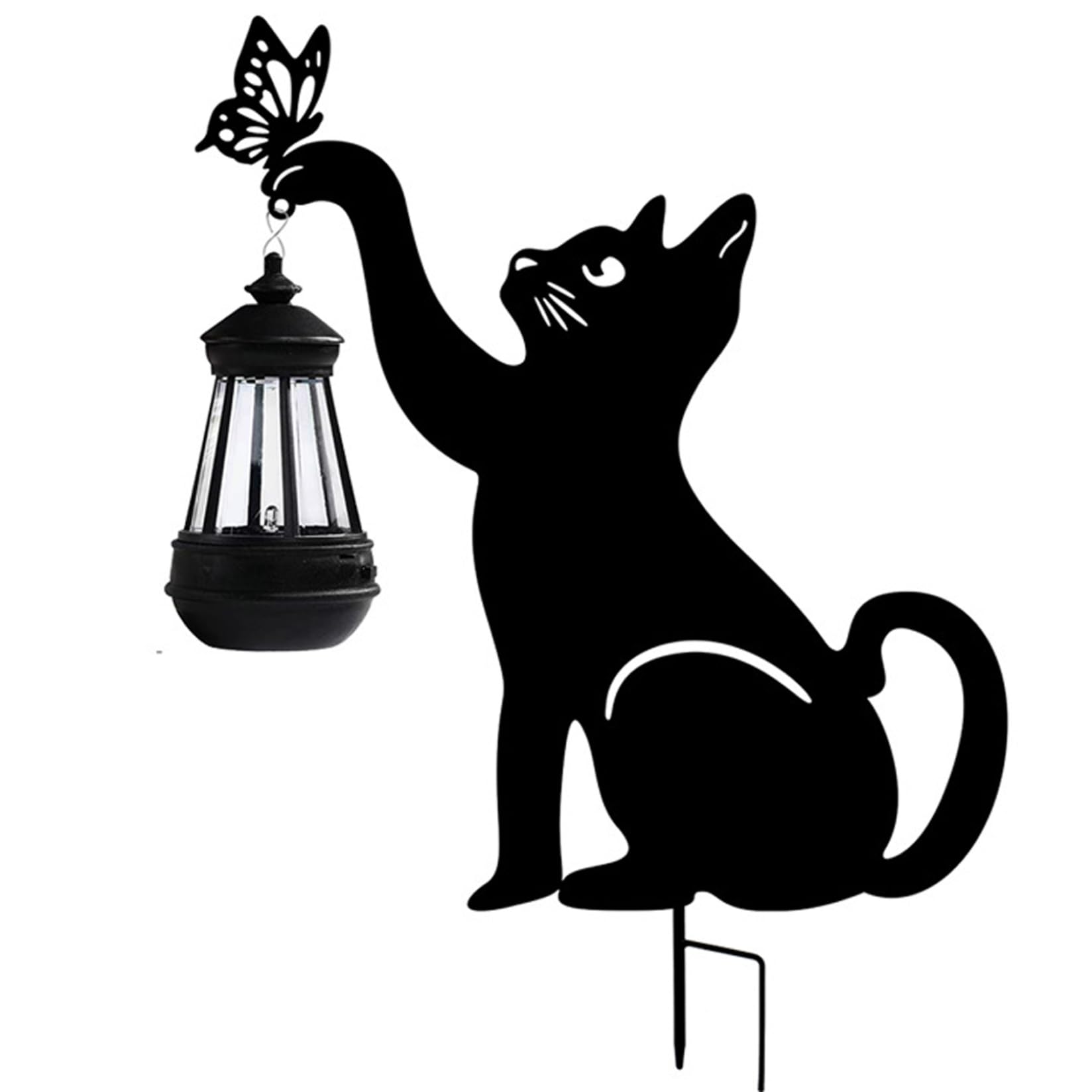 Statua da giardino a forma di gatto a energia solare, con luce LED calda, 8 ore di illuminazione, graziosa farfalla e statua da giardino, decorazione con spina a terra per prato, cortile