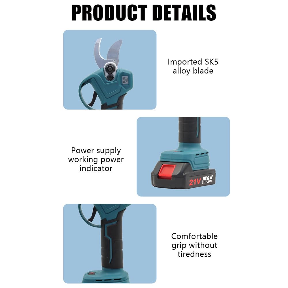 Weytoll Tijeras de podar eléctricas de 21 V, podadora inalámbrica con potente motor sin escobillas, diámetro de corte de 3 cm, batería de 2000 mAh, cortadoras de jardín con estuche de transporte