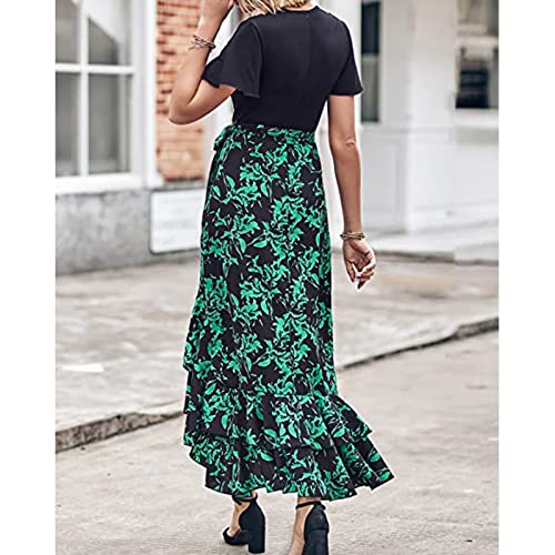 Bhghb Women 2023 Summer Boho Long Dresses Short Sleeve V Neck Floral Print Tie Waist High Low Ruffle Cocktail Maxi Dress #TOP1