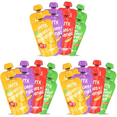 Image of Happa Organic Baby Food Puree | 100% Fruits and Vegetables | No Added Sugar, No Milk Powder, No Preservatives | Stage 2 (6 Months+) | Ready to Eat | Free from Common Allergens | (Pack of 24 (100 g Each))