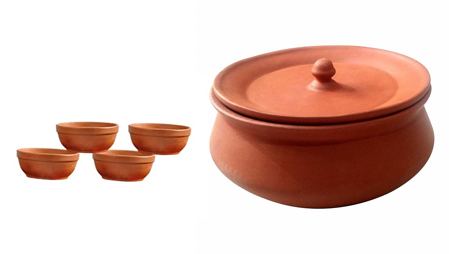 SHRIYAM CRAFTS Clay Curd Pot Dahi Handi/Dal Handi/Mitti Handi with Clay Vegetables Bawl (Curd 800ml with 4 Bawl)