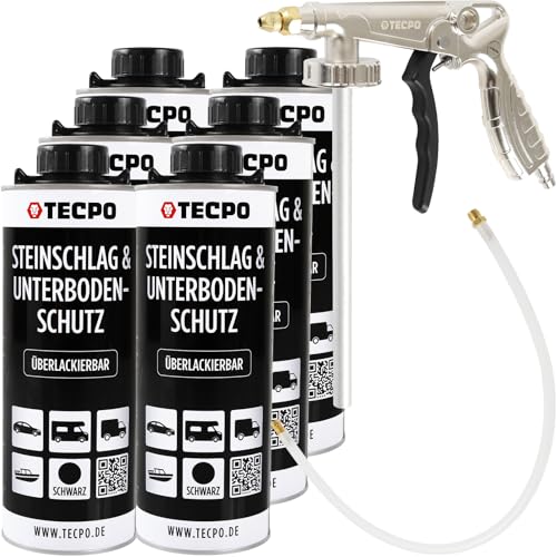 TECPO Unterbodenschutz Bitumen, 6 Liter in Saugdose überlackierbar dauerelastisch schwarz mit Druckluft Sprühpistole Steinschlagschutz Rostschutzmittel Korrosionsschutz UBS mit Anti-Dröhn-Wirkung
