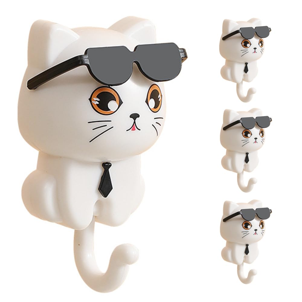 Bdkmms White Cute Cat Key Hooks, 4Pcs Cartoon Pet Wall Hooks Self-Adhesive Cat Wall Organizers For Key, Bag, Hat, Towel, Coats, Hat