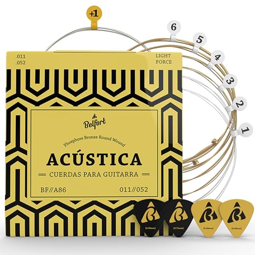 BELFORT® Juego de Cuerdas Guitarra Acústica (Fósforo/Bronce) - 6 Guitar Strings Set (Cuerdas de Guitarra Acustica) - Bonus: 4 Púas + 1 cuerda Mi extra + eBook - (Acoustic Guitar String)