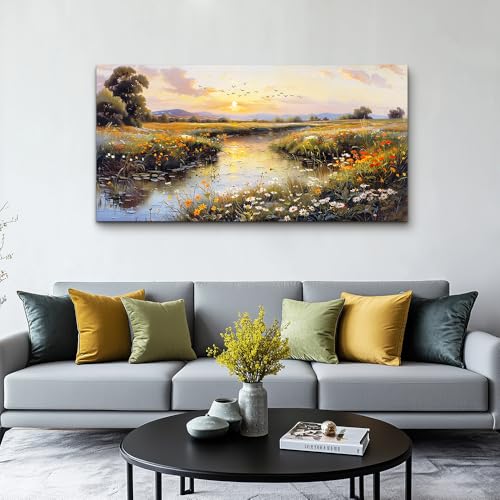 PHAOHUAXM Large Canvas Wall Art For Bedroom Wall Decorations For Living Room Office Decor Rivulet View Painting Farmhouse Field Scenery Watercolour Pictures Home Decoration Ready To Hang 24x48 In