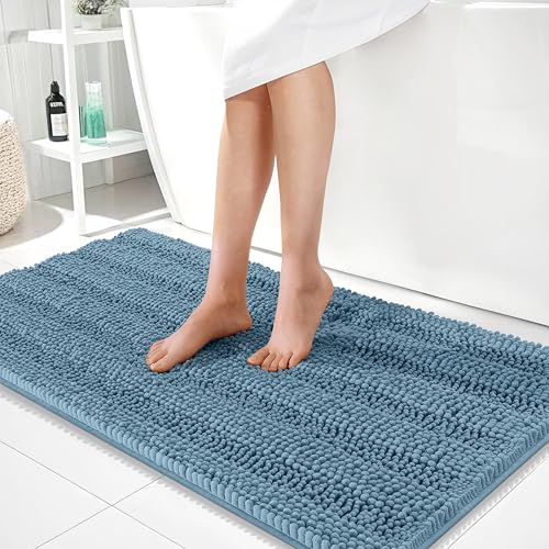 Image of OLANLY Thick Bathroom Runner Rugs 44x24, Extra Absorbent Chenille Striped Bath Rugs, Rubber Backing, Machine Wash Dry, Long Bath Mats for Bathroom, Tub and Shower, Home Decor Accessories, Airy Blue