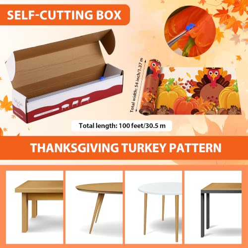 Image of Kochorie 100 Ft x 54 Inch Fall Thanksgiving Turkey Tablecloth Roll with Cutter Box Waterproof Plastic Autumn Friendsgiving Maple Leaves Backdrop Table Cover for Autumn Thanksgiving Party Decor