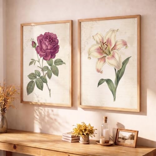 Image of YANVEER Vintage Botanical Wall Art Set of 2 Framed Floral Prints - Rose & Lily Canvas Wall Decor for Living Room, Bedroom, Office, Farmhouse Home Decoration (13X17 inch)