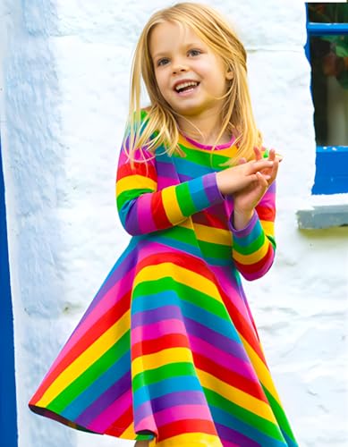 Tkria Toddler Girls Rainbow Dress Striped Fall Dress Cartoon Colourful Long Sleeve Casual Dressy 2-7T4