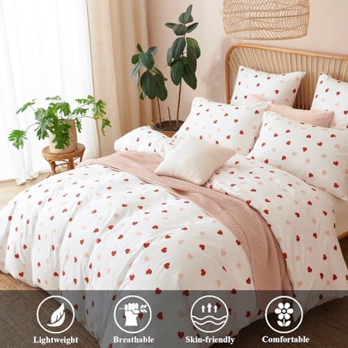 Image of Heart Duvet Cover Set Full Size Red Pink Heart Printed Bedding Set with 2 Pillowcases 3Pcs Kids Cute Kawaii Heart-Shaped Pattern Reversible Soft Microfiber Comforter Cover for Girls Women