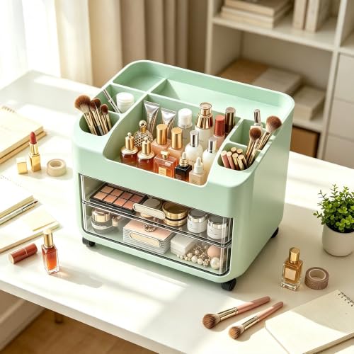 Image of Makeup Organizer with Drawers for Vanity,Bathroom Countertop Organizer with Brushes Holder,Skincare Storage Organizer for Lipsticks,Nail Polishes, Perfumes,Eyeshadow Palettes (Green)